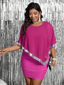 Cravure 大码圆领亮片雪纺拼接串珠缎带披肩罩衫，柔软提花纹理面料，二合一优雅时尚派对礼服 - 玫紅色 - 查看 3