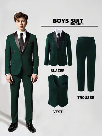 SHEIN 3 件青少年男孩绅士西装套装：精致黑色撞色领西装外套 + 修身背心 + 优雅长裤，高端正装，适合生日派对、舞会、婚礼、毕业典礼