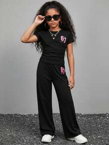 Tween Girls Fashion Casual Street 67 Graphic Print T-Shirt & Leggings 2 Pieces Set, Versatile For Daily Wear - Black - View 8