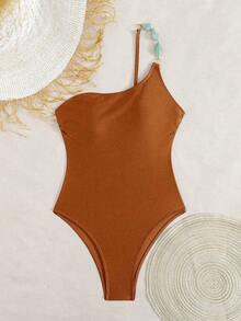 Swim Chiccia Bộ đồ bơi một mảnh mùa hè dành cho nữ, kiểu dáng thanh lịch, thích hợp cho các lễ hội âm nhạc, đi biển, có một vai, làm từ chất liệu nylon bóng, màu nâu, đính hạt cườm. - Cà phê nâu - Xem 6