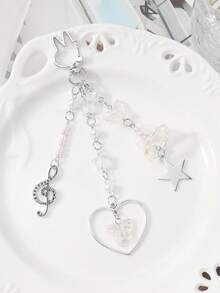 ROMWE Kawaii 2pcs Fashionable & Versatile Silver Chain Faux Pearl Resin Star, Heart, Butterfly, Acrylic Wind Chime, Music Note, Bow Tie, Black & White Electric Guitar Pendant DIY Keychain, Bag Charm, Suitable For Sisters, Best Friends, Couples, Daily Wear, Holiday Gifts - Silver - View 12