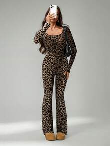 SHEIN Tall Women's Autumn Leopard Print Square Neck Long Sleeve Flared Fashion Jumpsuit - Brown - View 6