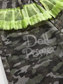 ROMWE Kawaii Anime Cartoon Baby Dolls Mesh Patchwork Low Waist Women's Denim Capri Pants - Multicolor - View 4