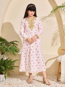 Áo Abaya Ramadan, Jalabiya, trang phục truyền thống Ả Rập, trang phục truyền thống Trung Đông cho bé gái, áo choàng cổ thêu vàng in họa tiết nơ. - Hồng - Xem 4