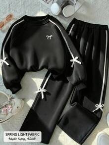 2pcs/Set Girls Casual Minimalist Crew Neck Sweatshirt Set, With White Ribbon Trim On Sleeve And Pant Side, Suitable For Spring & Autumn, Heavy Weight 250G Sweatshirt Jacket - Black - View 3