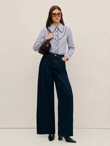 Nöista Gestreifte Bluse mit kontrastierendem Besatz und Langärmeln; stilvolle Frühlings-Outfits für Damen für elegante und Sommer-Outfits/Frühlings-Break-Outfits. Perfekt für Thanksgiving, Geburtstags-Outfits für Damen oder elegant - Blau - Übersicht 3