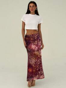 Aloruh 女士夏季度假波西米亚风动物纹网纱褶皱低腰半身裙，适合海滩度假、日常出行、音乐节等场合。 - 酒紅色 - 查看 3