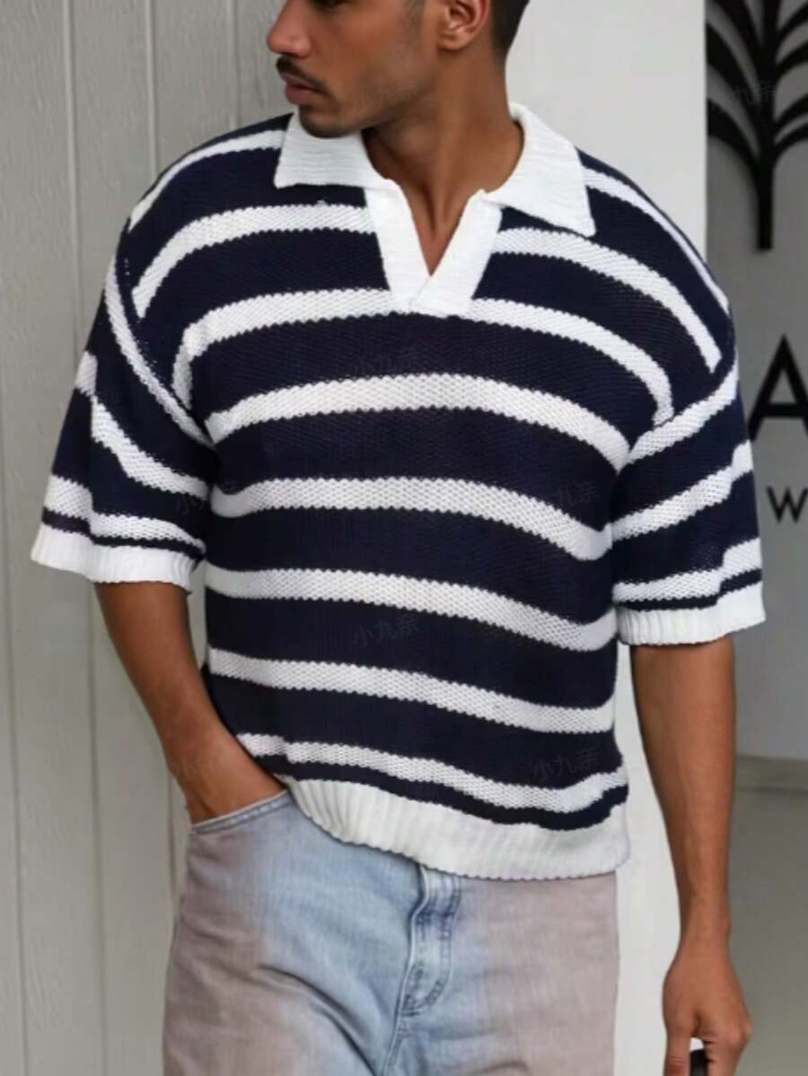 男士休闲条纹 Polo 领短袖针织衫 - 黑與白 - 查看 1