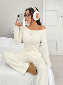 SHEIN EZwear Women's Solid Color Boat Neck Long Sleeve Top And Pants Casual 2 Pieces Set - Apricot - View 3