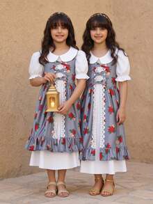 SHEIN Tween Girl Cute Summer Doll Collar Short Sleeve Floral Print Dress With Long Cardigan Set - Grey - View 4