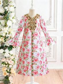 Elegant Girls' Long Sleeve V-Neck Floral Patchwork Dress, Suitable For Travel, Vacation And Daily Wear - Pink - View 6