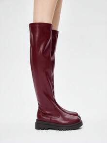ROMWE Women's Black Elastic Boots, Dark Rock Punk Goth Style, Platform Thick Sole Motorcycle Boots, Leather Riding Over-The-Knee Boots Valentine's Day - Matte burgundy - View 4