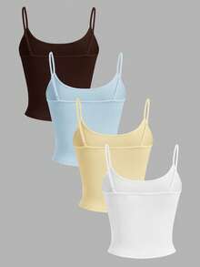 SHEIN EZwear 4pcs Women's Solid Color Tight Fitting Cropped Casual Camisole Set, Summer Spring