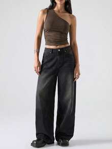 SHEIN EZwear Retro Style Brown Grunge One Shoulder Crop Top - Brown - View 5