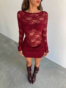 Aloruh 女士露背蕾丝性感红色迷你连衣裙，适合春夏度假 - 紅色 - 查看 6