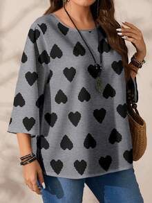 EMERY ROSE 大码女式休闲浪漫全心印花圆领宽松七分袖衬衫，黑色上衣，情人节，情人节礼物，灰色上衣 - 彩色 - 查看 8