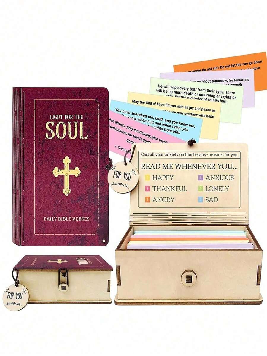 Bible Verse Gift Set - Includes A Handcrafted Wooden Storage Box Containing 150 Prayer Cards With Scripture Passages. Conveys Heartfelt Sentiments And Daily Encouragement Through Inspiring Verses. A Christian Bible Gift. - Multicolor - View 1