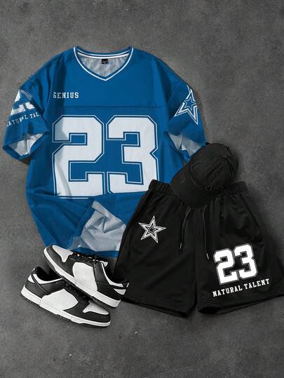 PAVTROS Young Street Style Numerical Star Pattern Men T-Shirt Set Jersey Set Men's 2 Pieces Outfits Sports Jersey Mens 2 Pieces Outfits,Oversized,Summer