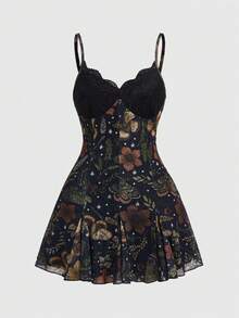 ROMWE Fairycore Đầm ngắn dáng rộng, dây mảnh, họa tiết hoa tối màu phong cách Bohemian lãng mạn Gothic dành cho nữ. - Nhiều màu - Xem 1