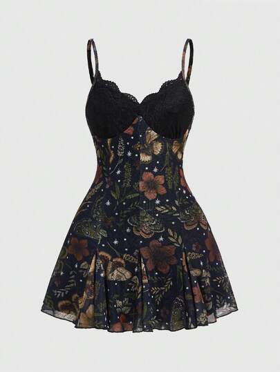 Fairycore Dark Floral Bohemian Romantic Gothic Print Loose Fit Spaghetti Strap Mini Dress For Women