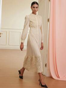 Aveloria Rosie 春季新款女士蕾丝拼接长款衬衫领连衣裙，通勤百搭优雅长裙 - 淡黃色 - 查看 5