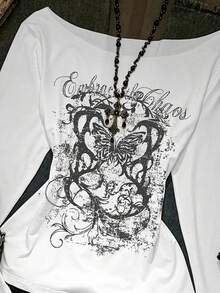 SHEIN EZwear Áo thun dài tay dáng rộng, họa tiết bướm, kiểu dáng punk Y2K, đa năng, thích hợp cho tiệc tùng, sân bay, phong cách vintage punk. Áo thun nữ mùa thu mới với họa tiết hoa lá in nổi bật, kiểu dáng bất đối xứng, vai lệch, viền tua rua, gợi cảm, thích hợp cho lễ hội Carnival. - Nhiều màu - Xem 4