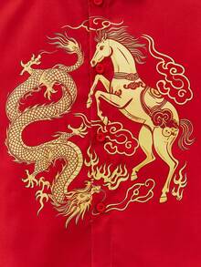 SWAVVY 男士中国风印花休闲短袖衬衫，春夏款 - 紅色 - 查看 6