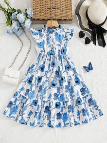 SHEIN LMoss Kids 女童雪纺碎花蝴蝶结圆领荷叶边下摆休闲连衣裙 - 彩色 - 查看 9