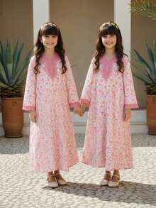 SHEIN Tween Girls Floral Print Long Sleeve Dress - Pink - View 2