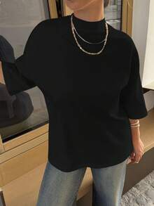 Jeta Ari 夏季宽松商务休闲纯色短袖T恤女士超大码T恤 - 黑色 - 查看 3