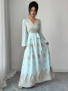 Yasmyna Women's Elegant Floral Print Cross V-Neck Belted Lantern Sleeve Dress - Green - View 6