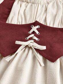 Firerie Kids Firerie Kids Nova Glow 少女撞色拼接腰部褶皱胸部可调节肩带前褶皱长袖方领中长连衣裙，适合居家和户外活动，秋冬季节，波西米亚风格 - 酒紅色 - 查看 5