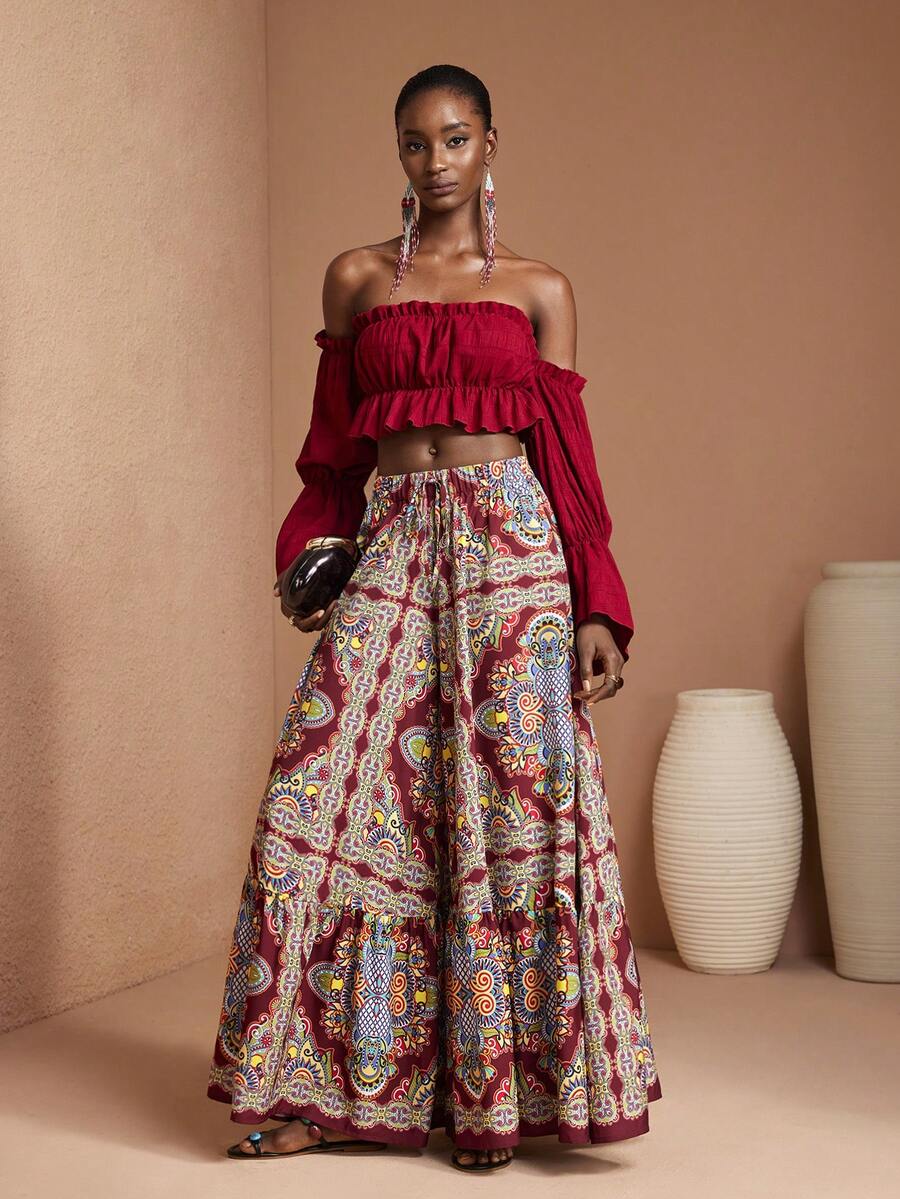 JIAN LASALA All-Over Print Elastic High Waist Wide-Leg Ruffled Hem Long Pants Women Vacation Casual Boho - Multicolor - View 1