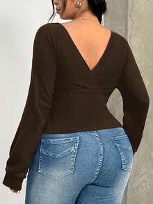 SHEIN EZwear 大码女式保暖舒适黑色露肩针织T恤，秋冬季 - 棕色 - 查看 2