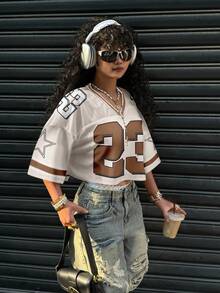 Slaydiva 女士休闲V领宽松短款五分袖网眼T恤，适合夏季穿着，也适合运动比赛。 - 彩色 - 查看 4