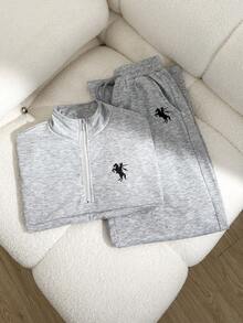 2pcs/Set Tween Girls Casual Outfit, Polo Zipper Half-Turtleneck Short Sleeve Sweatshirt Top With Loose Fit And Oversized Wide Leg Pants, Sports Pants Set, Suitable For Daily Wear And Workout - Grey - View 9