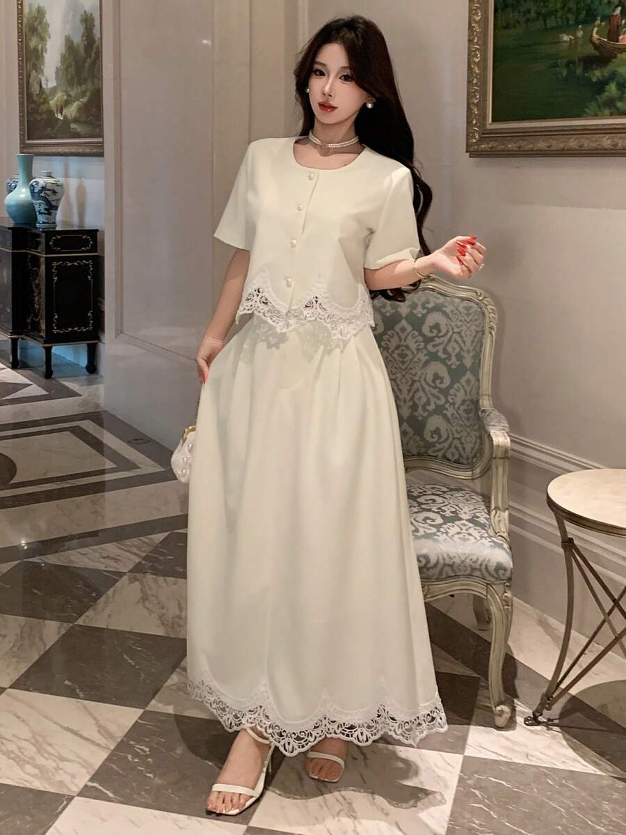 DAZY 女士优雅蕾丝拼接衬衫和半裙两件套,夏季 - 米色 - 查看 1