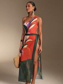 Swim Oasis 新款印花单肩露背泳衣，腰部系带，搭配长裙两件套，优雅沙滩度假装 - 彩色 - 查看 3