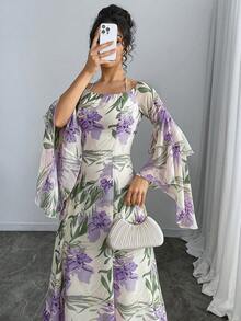 Modelyn Women's Floral Print Halter Neck Flare Sleeve Dress - Purple - View 1