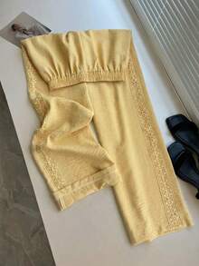 Franclia 女士优雅蕾丝拼接阔腿裤，黄色度假裤 - 黃色 - 查看 3