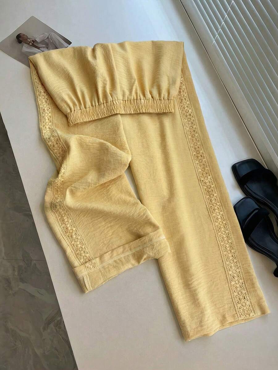 Franclia Quần ống rộng phối ren thanh lịch dành cho nữ, màu vàng, thích hợp cho kỳ nghỉ. - Màu vàng - Xem 1