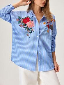 CasuGlow 刺绣棉质衬衫，宽松版型，花卉图案细节，长袖纽扣设计，轻盈透气面料，休闲时尚风格 - 藍色 - 查看 2