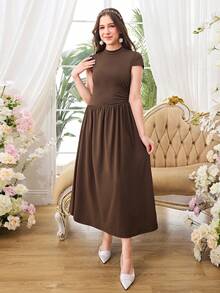 Teen GirlKnitted Round Neck Ruched Sleeve Asymmetric Waist Elastic Ruched Hem Casual Dress, Suitable For Outings, Home, And Gatherings, Summer - Brown - View 3