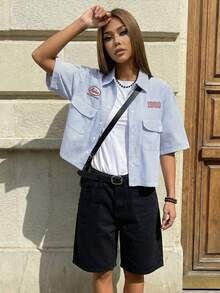 Manfinity Unisex Áo sơ mi nam tay ngắn, túi cài nút phía trước, họa tiết sọc - Màu xanh lam - Xem 3