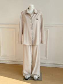 SHEIN EZwear Bộ 2 áo sơ mi và quần nhung kẻ, Thu/Đông - Màu be - Xem 6