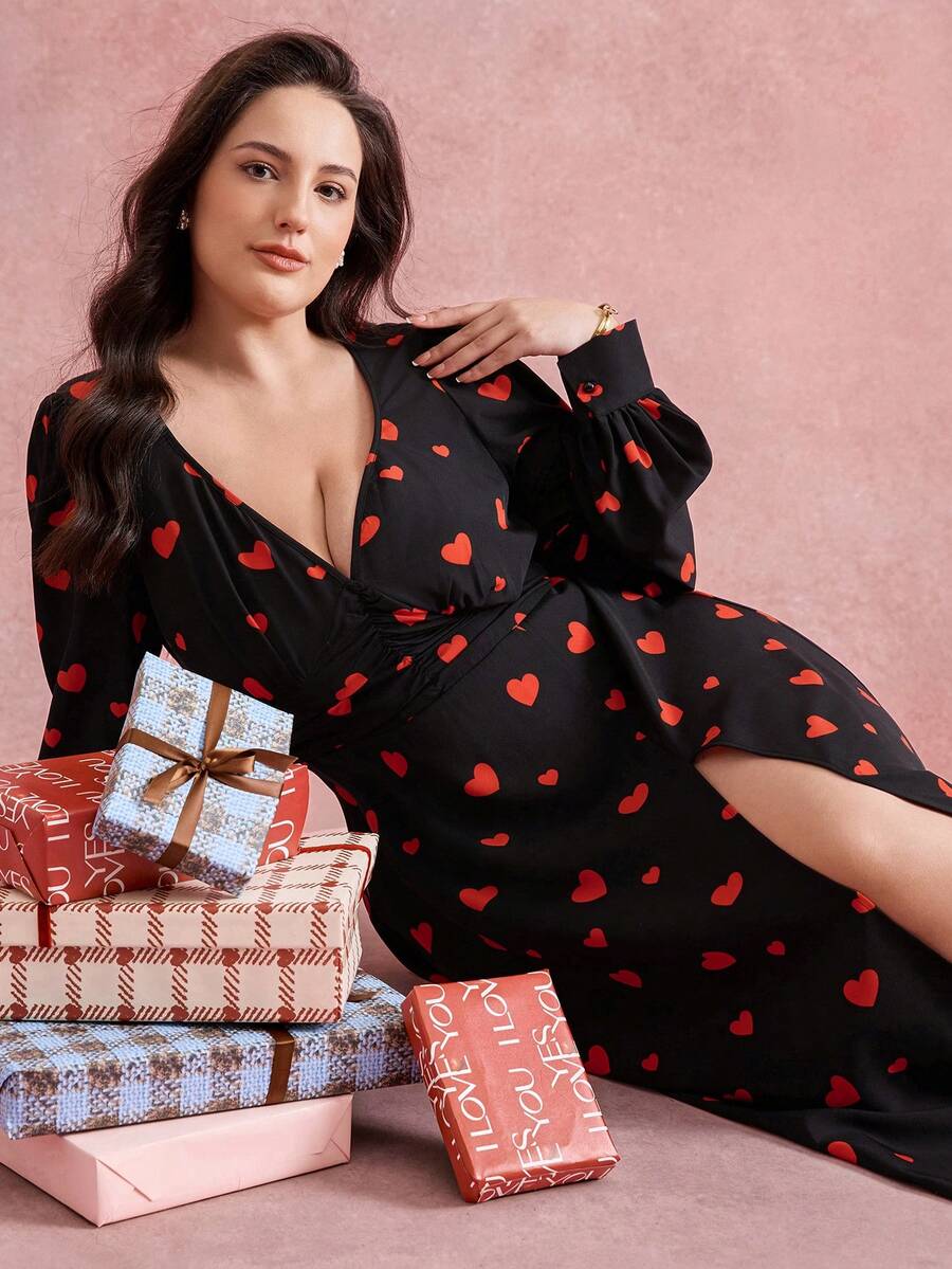 SHEIN LUNE Valentine's Day Heart Print Dress, Romantic Date, Waist Cinched Slimming Vintage Sexy Plus Size Women Dress - Multicolor - View 1