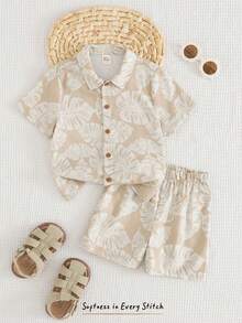 Cozy Pixies Young Boys' Casual Apricot Coconut Tree Print Polo Short Sleeve Cardigan Shirt & Elastic Waist Shorts Set,Summer,Beach,Holiday,Spring Outing Vacation - Khaki - View 4