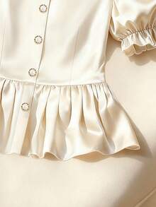 Chiquease Blusa elegante de mujer con mangas abullonadas y volantes en el bajo con botones delanteros - Albaricoque - Ver 4