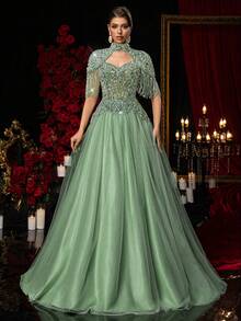 Bộ trang phục sang trọng, thanh lịch gồm áo khoác rời đính cườm và sequin họa tiết hoa, kết hợp với chân váy maxi voan, thích hợp cho đám cưới, tiệc tùng, kỳ nghỉ, dạ hội và các dịp trang trọng (được trang trí rất cầu kỳ). - màu xanh lá - Xem 5