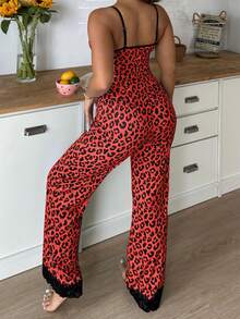 SweetSlumber Sweet Ins Colorblock Leopard Print & Lace Patchwork Women Pajama Set - black red - View 2
